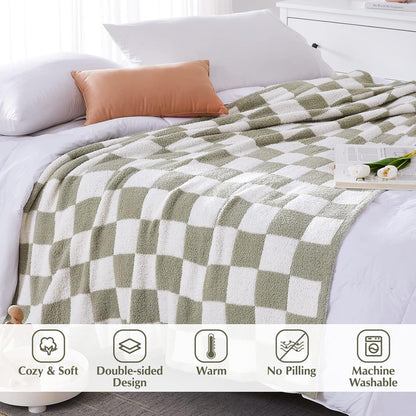 Checkered Throw Blanket, Sage Green Soft Cozy Fluffy Hand Made Throw Blankets for Couch, Sofa, Chair, Bed, Camping, Picnic, Travel Lightweight Bed Blankets for Women Mothers Birthday Gifts