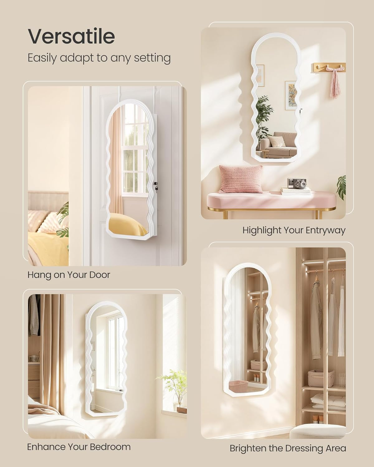 Mirror Jewelry Cabinet Wall Mounted over the Door, Hanging LED Jewelry Organizer, Lockable Wavy Wide Mirror with Storage, Interior Lights, 3.9 X 16.5 X 42.5 Inches, White UJJC031W01