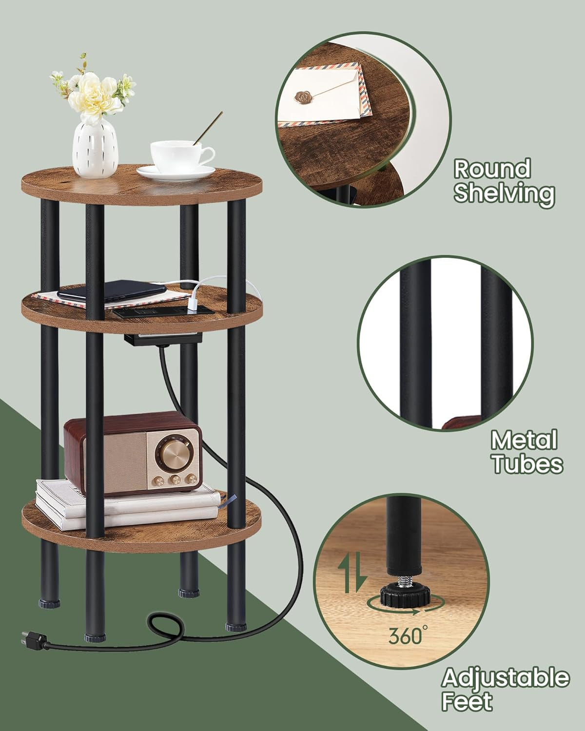 Round Side Table with Charging Station, Small round End Table, 3-Tier Sofa Side Tables for Small Spaces, Nightstand for Living Room, Bedroom, Rustic Brown and Black TBZ06UBF
