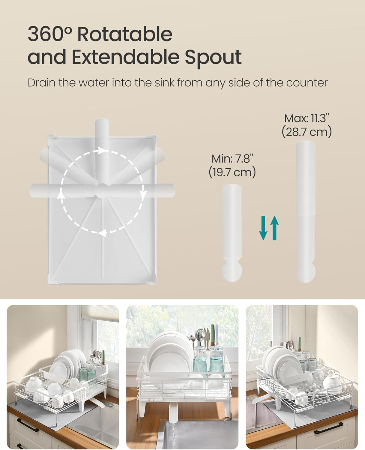 Dish Drying Rack, Kitchen Dish Rack, with Drainboard, 360° Rotatable and Extendable Spout, with Cutlery Holder, 12.2-22 X 16.5 X 7.9 Inches, Matte White and Dove Gray UKCS552W01