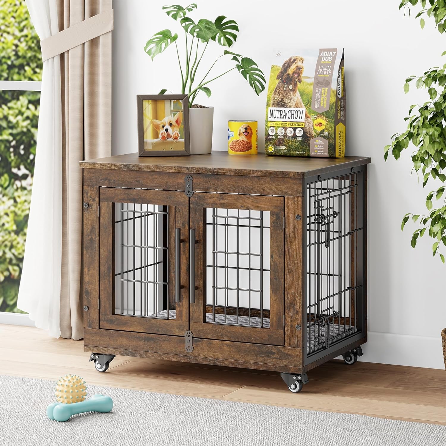 Dog Crate Furniture with Cushion, Wooden Dog Kennel Indoor with Double Doors, Dog Cage with Wheels, Dog House Side End Table for Small Dogs up to 30 Lb, 27.2" L, Rustic Brown