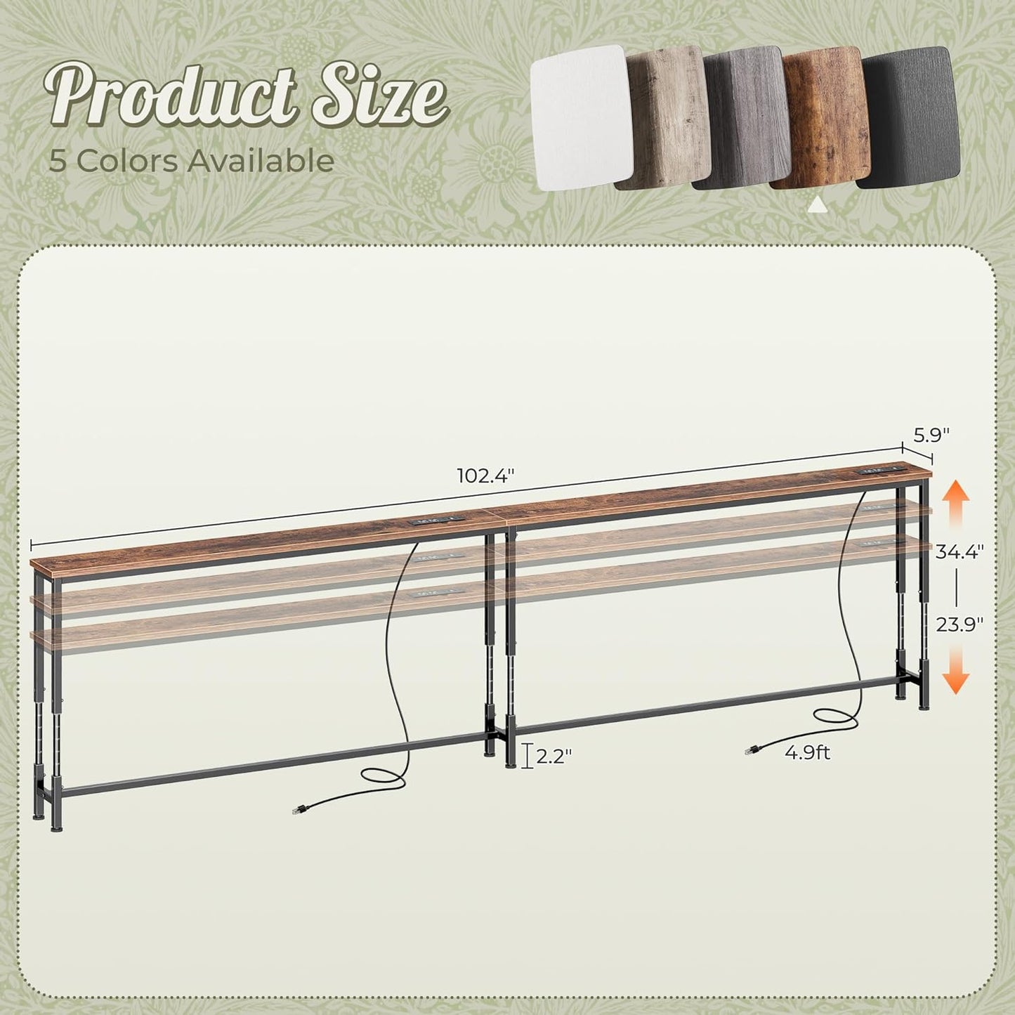 102.4 Inch Sofa Table with Power Outlets, 23.9’’-34.4’’ Height Adjustable Range, behind Couch Table with USB-C Ports, Sofa Tables Narrow Long, Skinny Console Table, Small Spaces, Rustic Brown