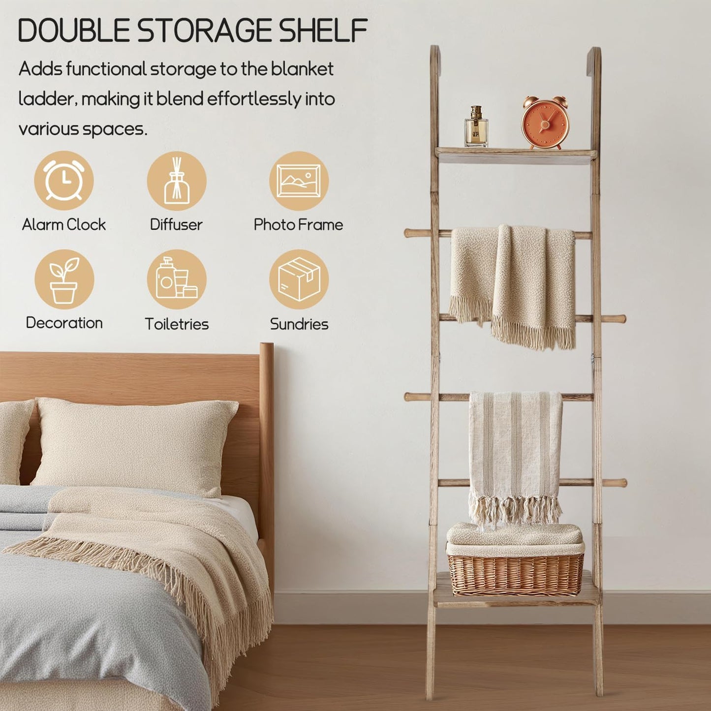 Wooden Ladder with Shelf for Room Decor, 6-Tier Decor Ladder with Non-Slip Mat & Hooks, Farmhouse Style Leaning Wall Display Holder