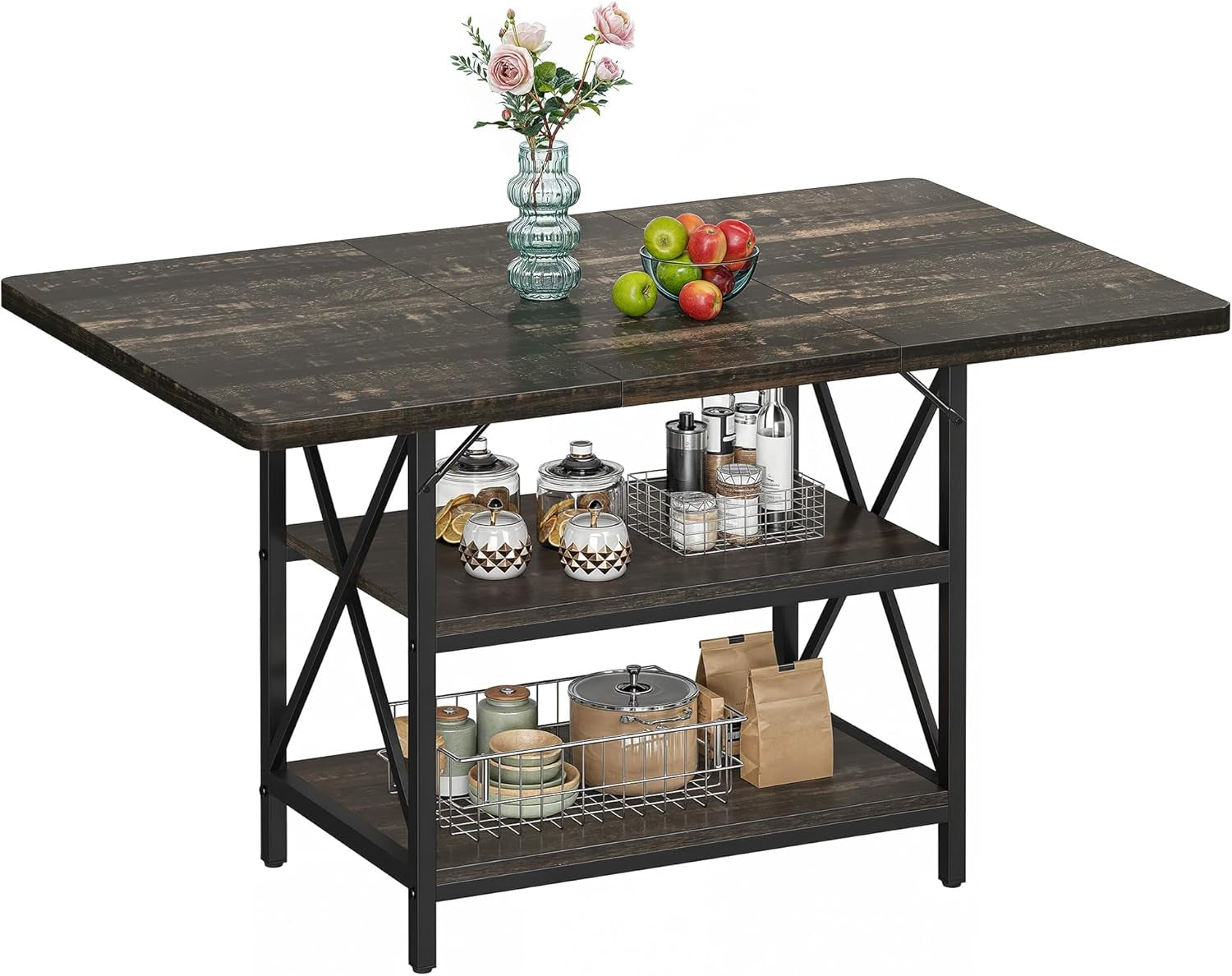 Dining Room Table 47 Inch Rectangle Dining Table for 4 People Farmhouse Rustic Kitchen Table with Storage Shelf and Heavy Duty Metal Legs for Home Apartment