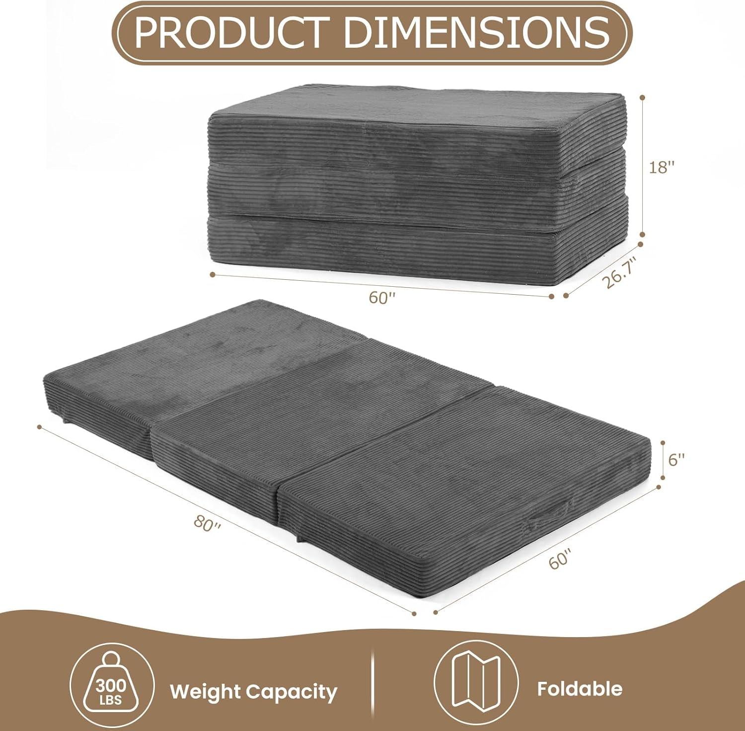 6-Inch Tri-Fold Mattress Twin Size - Foldable Futon Sofa Bed with Removable Washable Cover, Folding Memory Foam Futon Mattress | Non-Slip Bottom & Carry Handles for Guest, Camping, Dorm