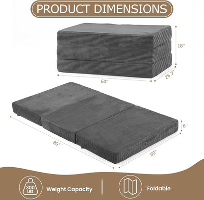 6-Inch Tri-Fold Mattress Twin Size - Foldable Futon Sofa Bed with Removable Washable Cover, Folding Memory Foam Futon Mattress | Non-Slip Bottom & Carry Handles for Guest, Camping, Dorm