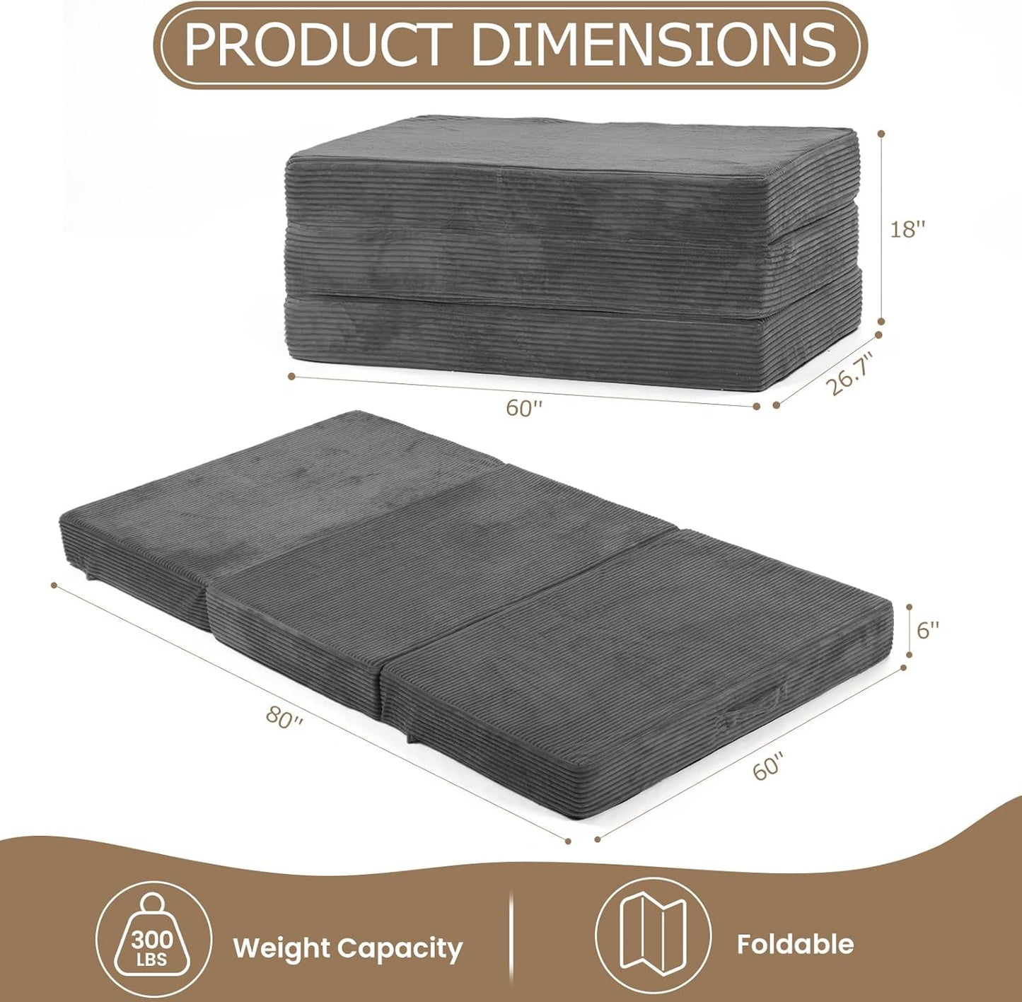 6-Inch Tri-Fold Mattress Single Size - Foldable Futon Sofa Bed with Removable Washable Cover, Folding Memory Foam Futon Mattress | Non-Slip Bottom & Carry Handles for Guest, Camping, Dorm