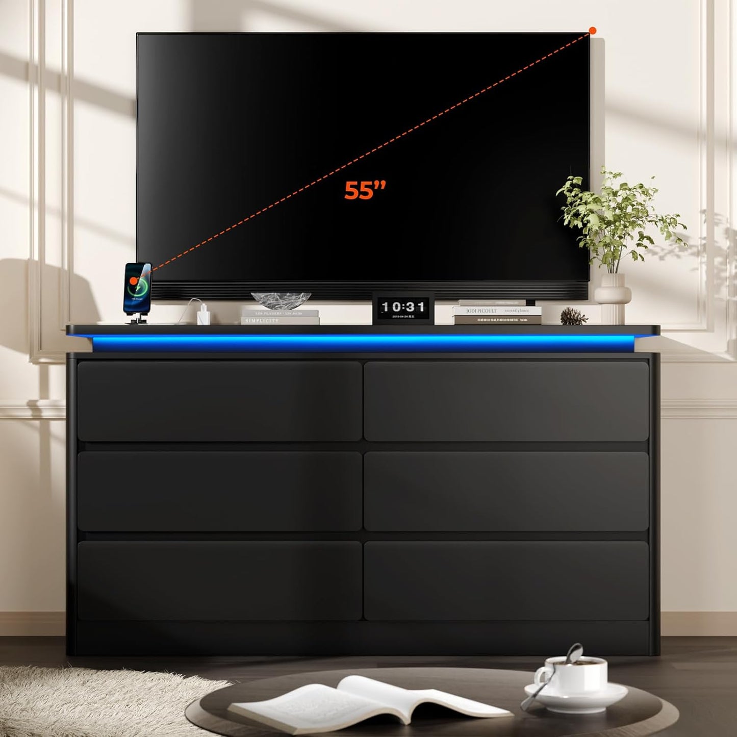 6 Drawer Black Dresser for Bedroom, 47.2" Long Chest of Drawers with Charging Station & LED Lights, Double Wooden Storage Cabinet for Closet,Modern Dresser TV Stand with Deep Drawers