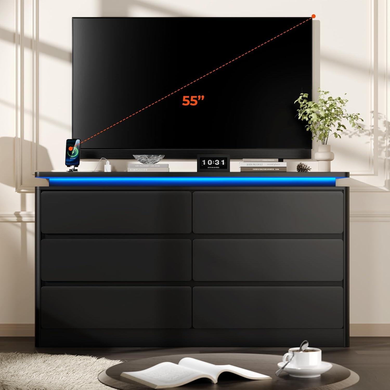 6 Drawer Black Dresser for Bedroom, 47.2" Long Chest of Drawers with Charging Station & LED Lights, Double Wooden Storage Cabinet for Closet,Modern Dresser TV Stand with Deep Drawers