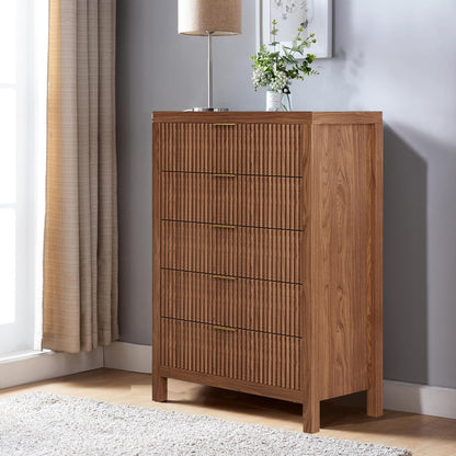 Dresser for Bedroom with 5 Storage Drawers, Storage Dresser Organizer with Wood Top, Nightstand Furniture with Wide Drawer Organizer in Living Room,Closet,Entryway,Hallyway Walnut Oak