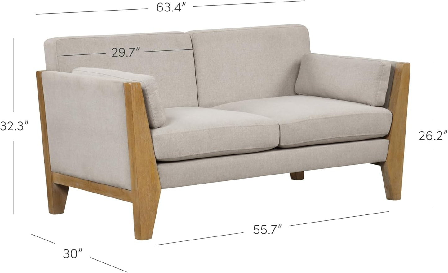 Zion 2-Seater Modern Farmhouse Sofa with Linen Upholstery and Solid Wood Arms, Sand/Light Brown Wood