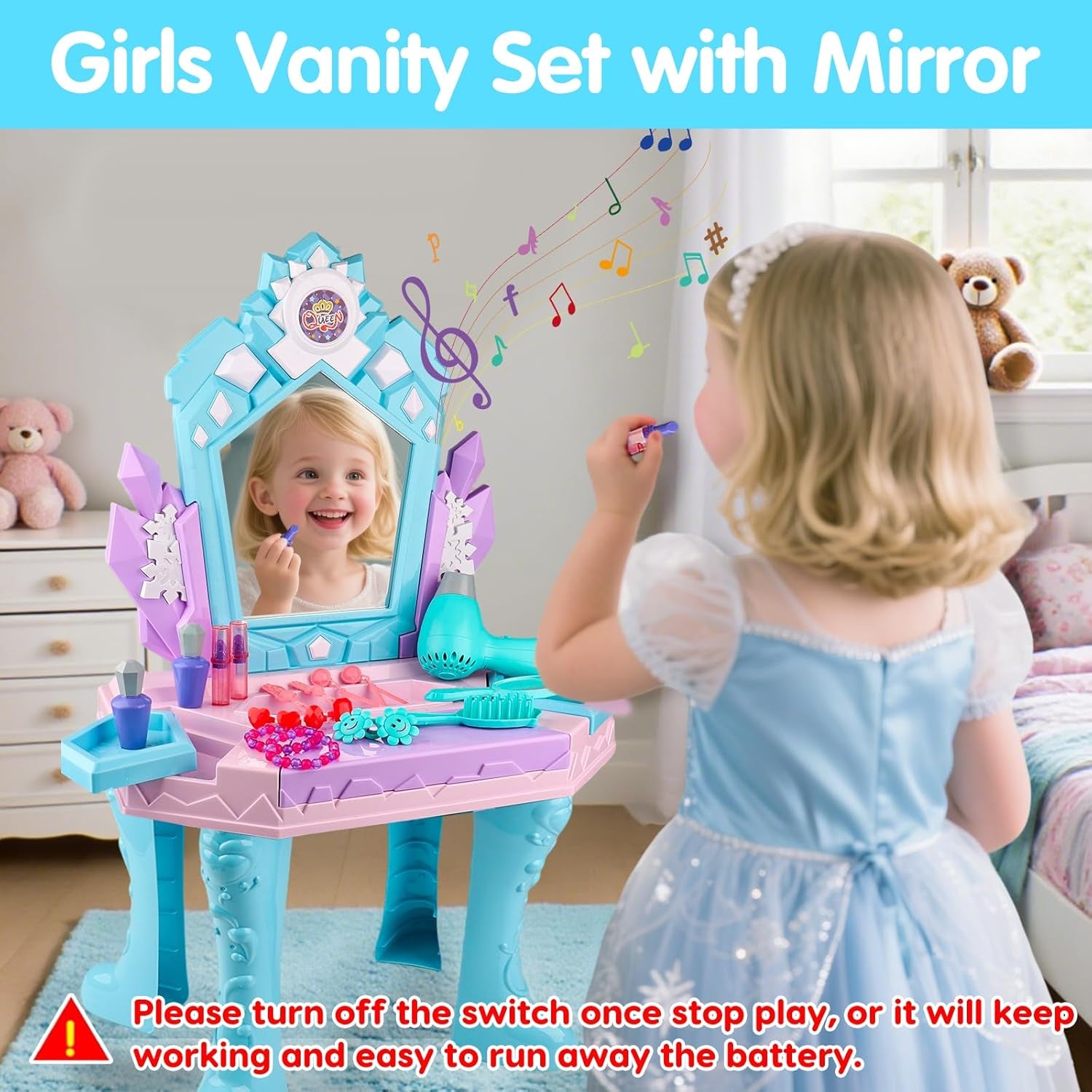 Toddler Vanity Magic Makeup Table and Chair Set Girl Toys Mirror with Music Light Frozen Toys for 1 2 3 4 Year Old Girls Hair Salon Pretend Play Princess Dress up Playset Gifts Kids Toddler 1-3