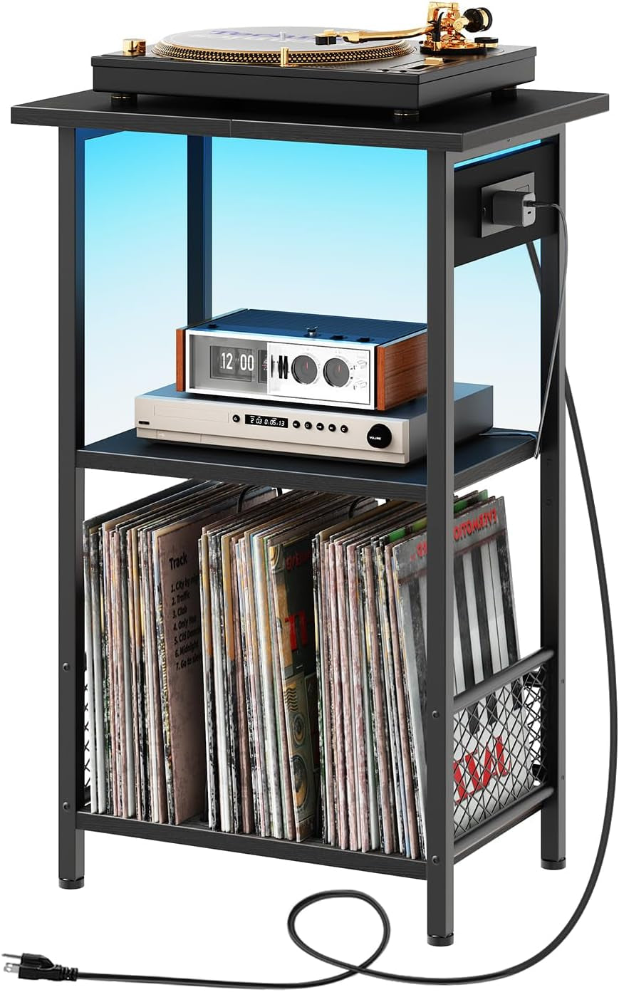 Record Player Stand with Charging Station and LED, Turntable Stand with Storage, 3 Tier End Table Hold up to 100 Albums, Record Table for Vinyl, Living Room, Black BB06UDRS01