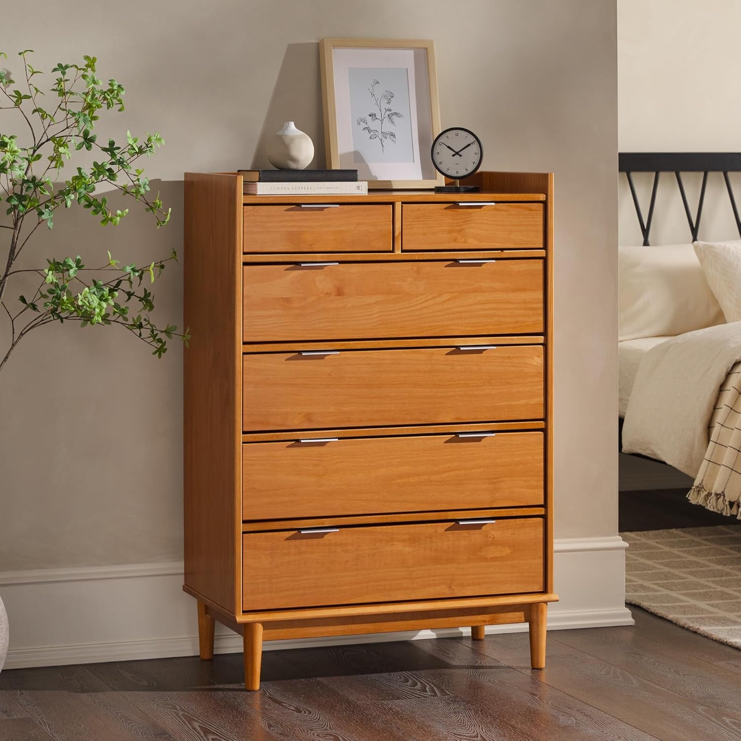 Blythe Mid-Century Modern Tray-Top Solid Wood 6-Drawer Dresser, 30 Inch, Caramel