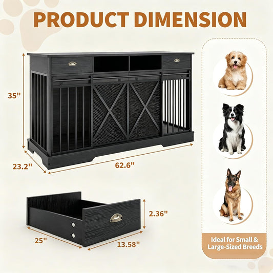 Double Dog Crate Furniture, 63” Large Dog Kennel Furniture with Divider and Sliding Doors, Heavy Duty Dog Kennel Furniture with Drawers and Shelves for Living Room,Black