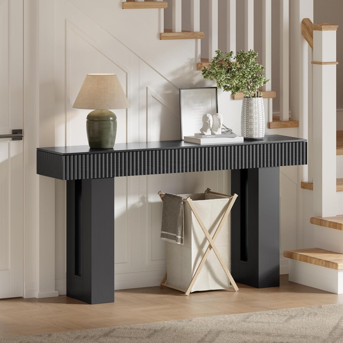 Farmhouse Entryway Table, 63" Long Fluted Console Table, Rustic Wooden Rectangular Sofa Table behind Couch, Modern Narrow Entry Table for Entrance, Hallway and Living Room, Modern Black