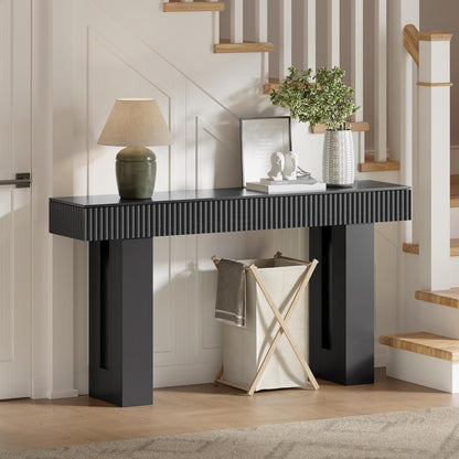 Farmhouse Entryway Table, 63" Long Fluted Console Table, Rustic Wooden Rectangular Sofa Table behind Couch, Modern Narrow Entry Table for Entrance, Hallway and Living Room, Modern Black