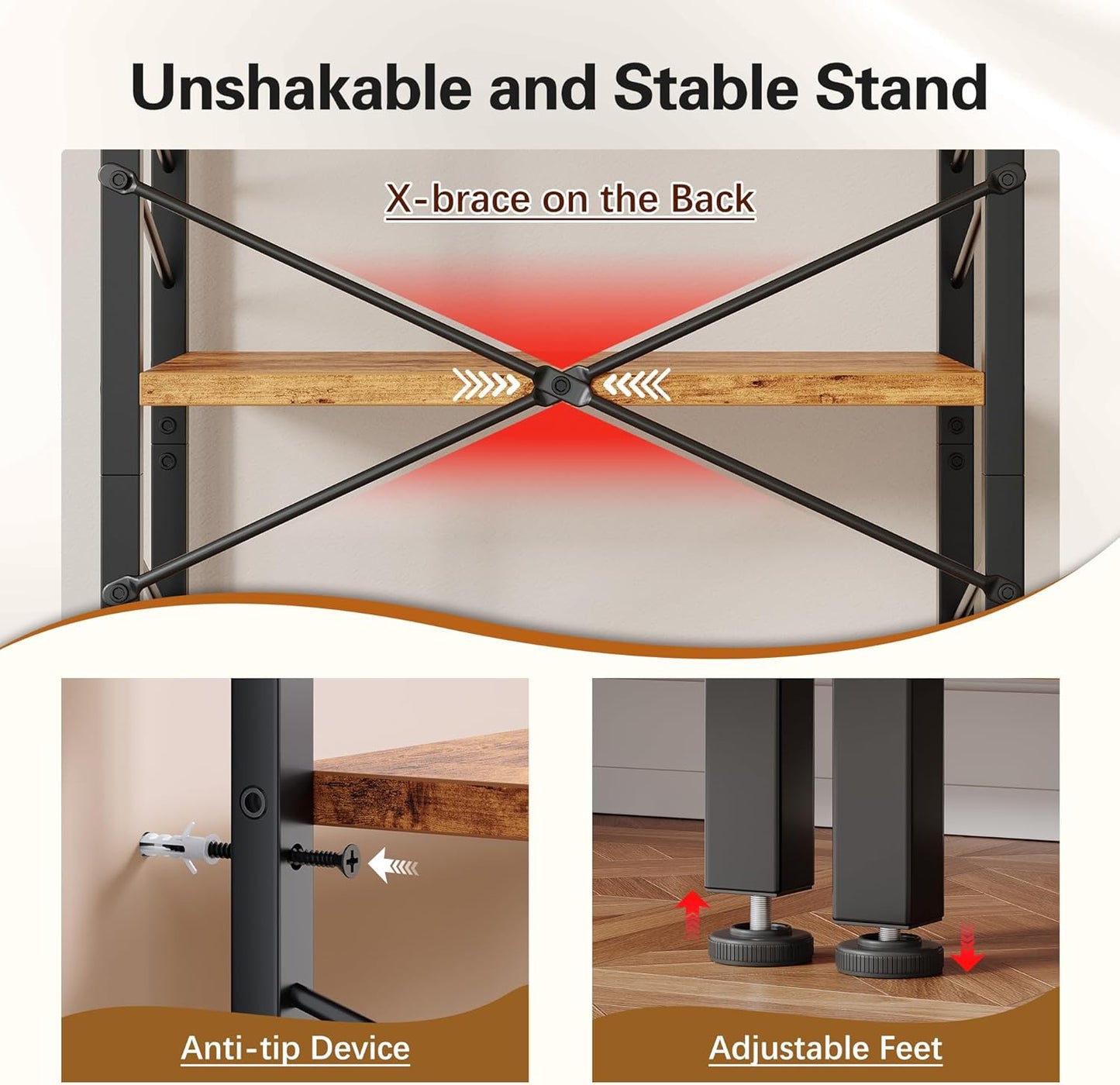 3 Tier Bookshelf, Industrial Bookcase with Metal Frame and Sidebars, Office Shelves for Small Spaces, Bedroom, Living Room, Rustic Brown