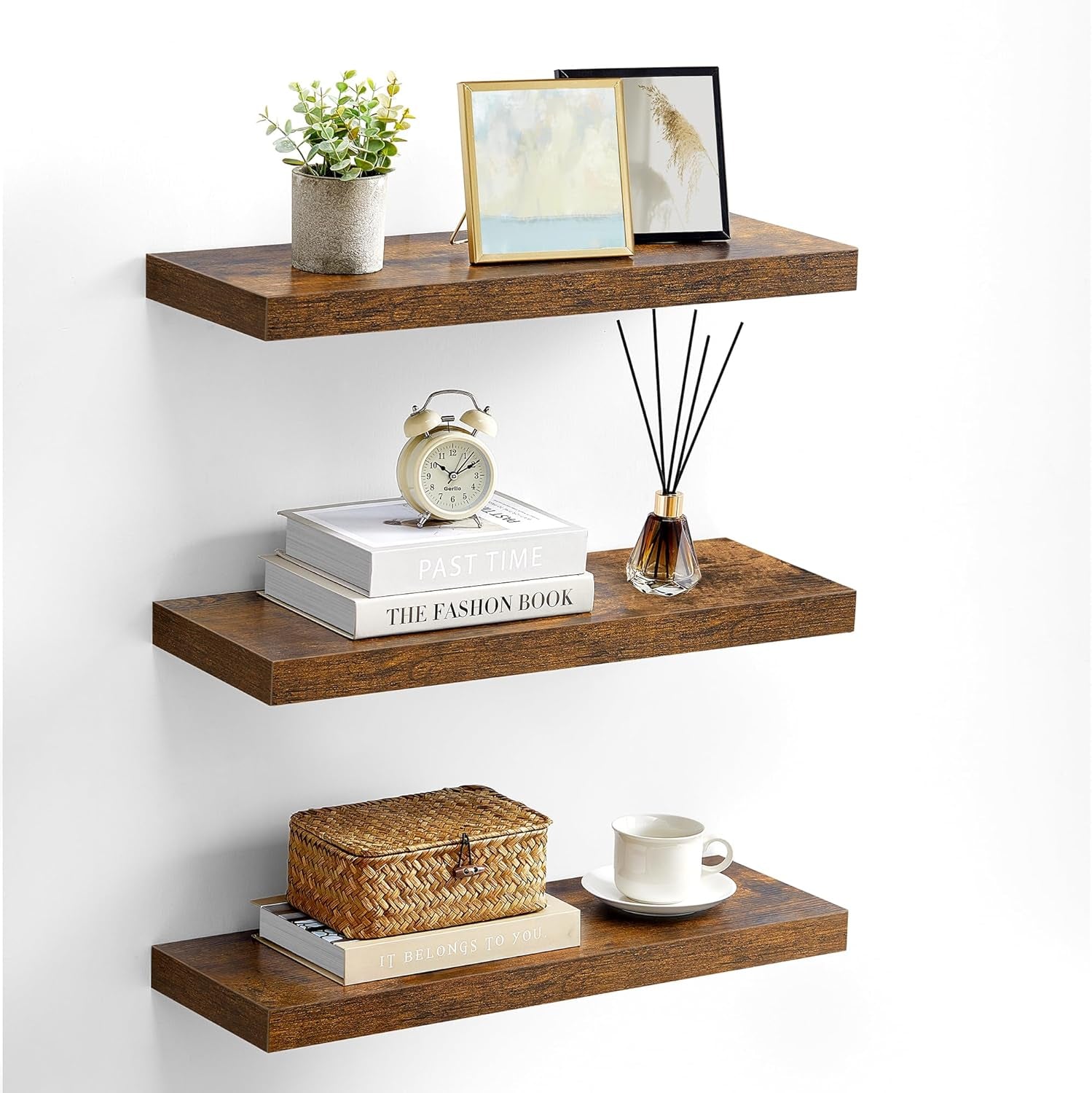 Wall Shelves Set of 5, Floating Shelves, Wall Mounted, 8 X 23.6 X 1.5 Inches, Display Shelves for Picture Frames, Wall Decor, Hanging Shelf for Living Room, Kitchen, Rustic Brown ULWS076B01
