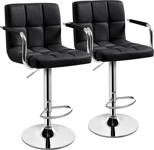 Bar Stools Set of 2, PU Leather Adjustable Swivel Barstools, Hydraulic Kitchen Counter Height Bar Chairs with Armrest and Back for Kitchen, Dining Room, Black