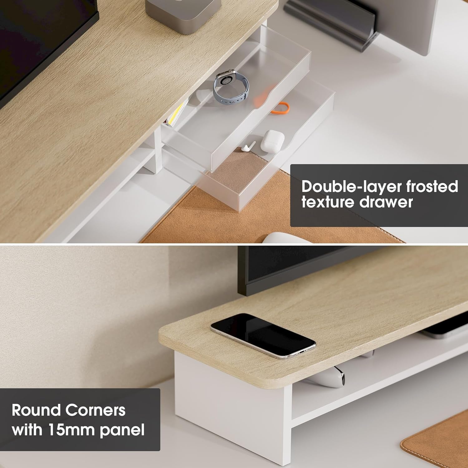Monitor Stand, Dual Monitor Riser, 42.5Inch Large Desk Computer Monitor Stand Riser with Drawer, 2 Tier Wood & Acrylic Desktop Organizer for Computer, Laptop, Printer, TV Screen Riser