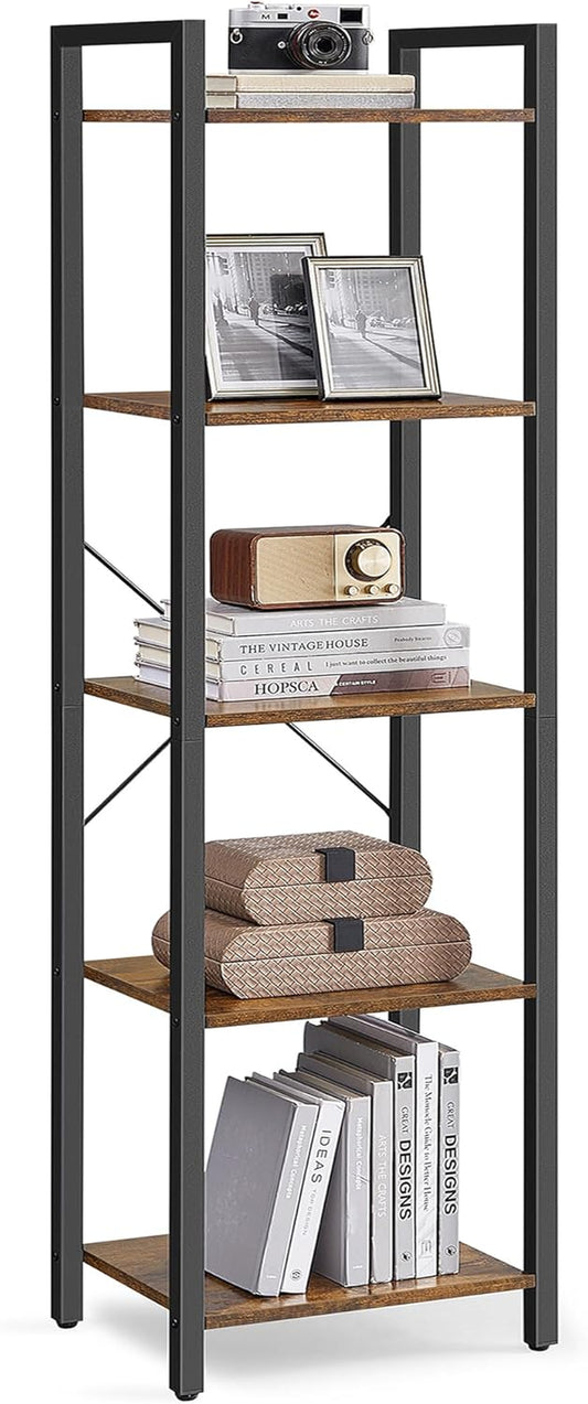 5-Tier Bookshelf, Bookcase with Steel Frame, Book Shelf for Living Room, Home Office, Study, 11.8 X 15.7 X 60.2 Inches, Industrial Style, Rustic Brown and Ink Black ULLS100B01