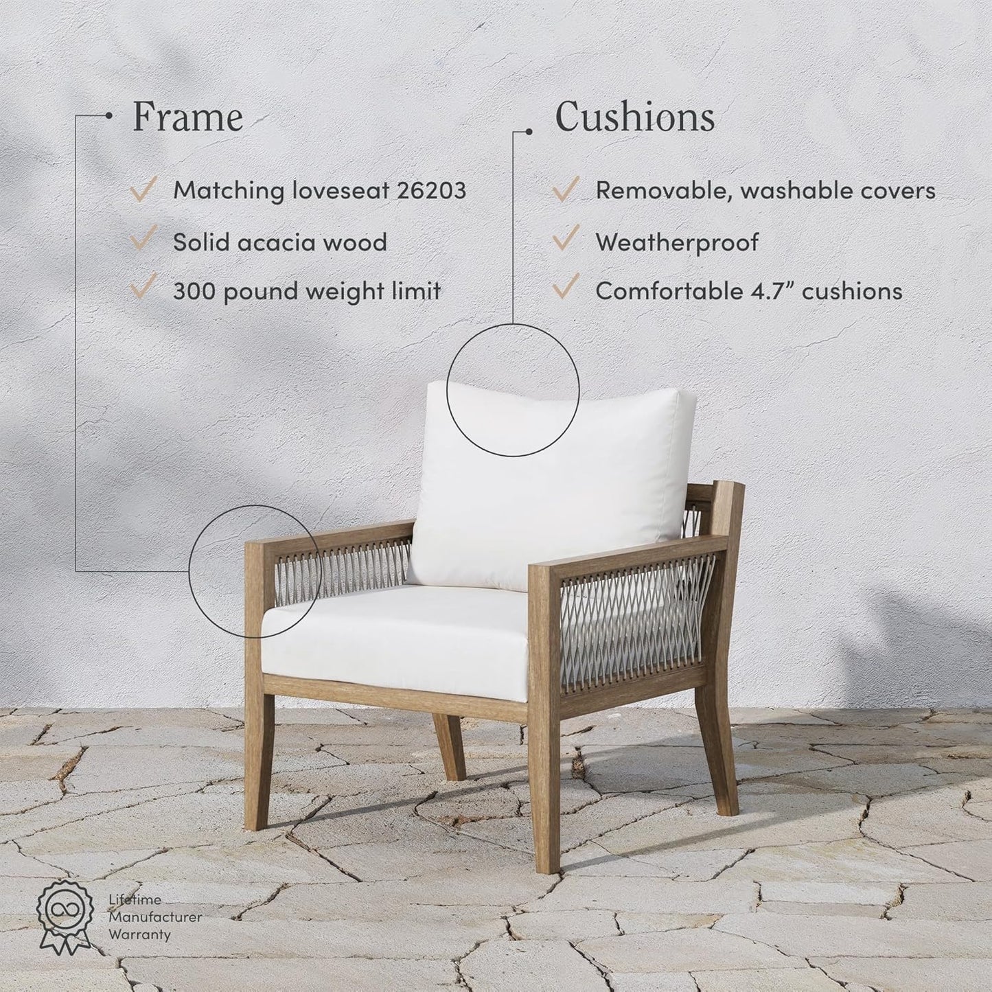 Freya Bohemian Wooden Armchair, Outdoor Patio Chair, Solid Acacia Wood Frame, White/Light Brown
