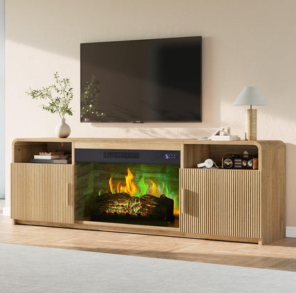 70" Fluted Fireplace TV Stand for Tvs up to 80", Modern TV Console with 30" Electric Fireplace & Storage Cabinets, Media Entertainment Center for Living Room, Natural Oak