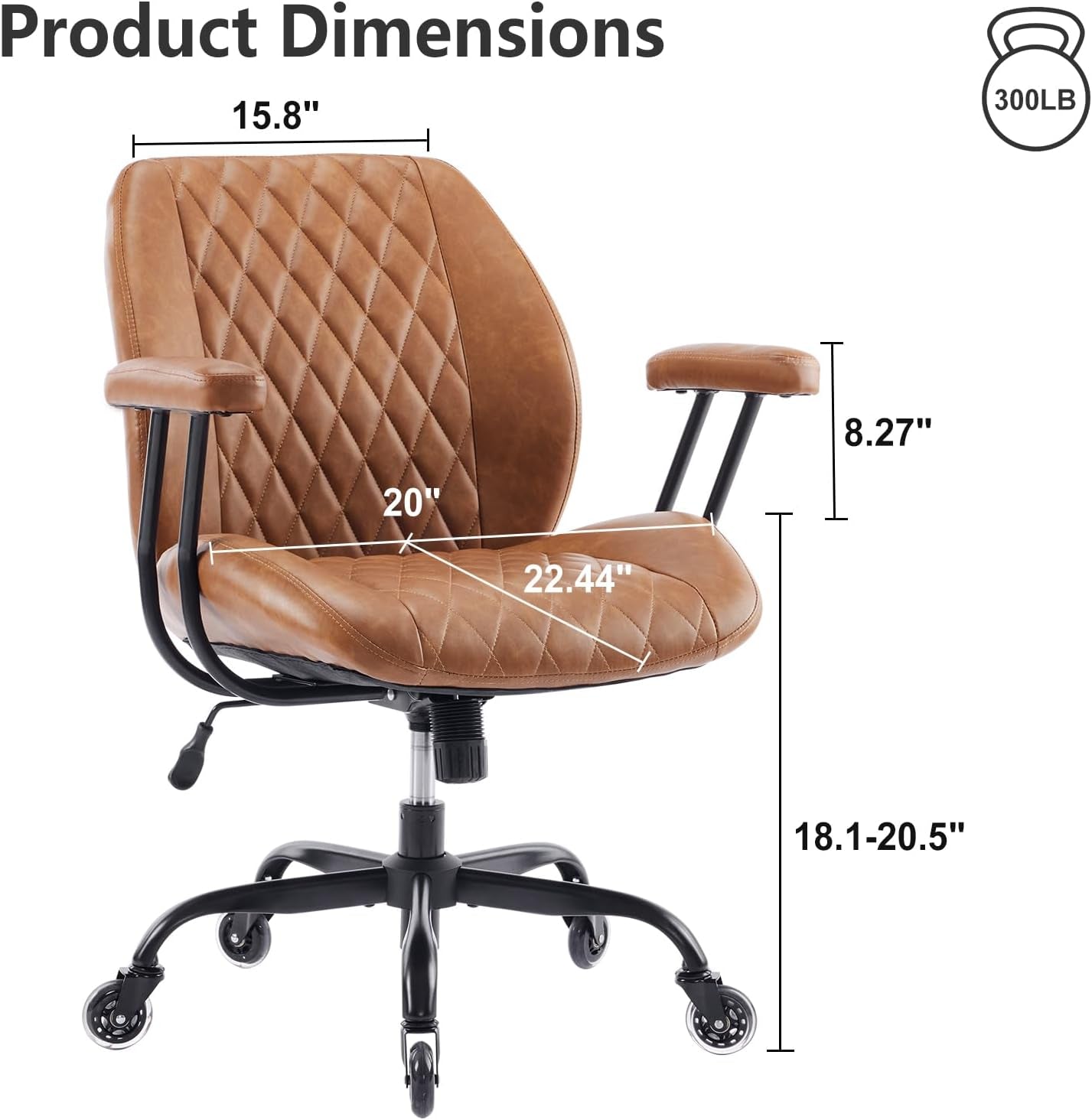 Home Office Desk Chair Office Rubber Casters Ergonomic Computer Chair with Lumbar Support Adjustable Height Rolling Swivel Executive Task Armrests Chair， Brown Leather