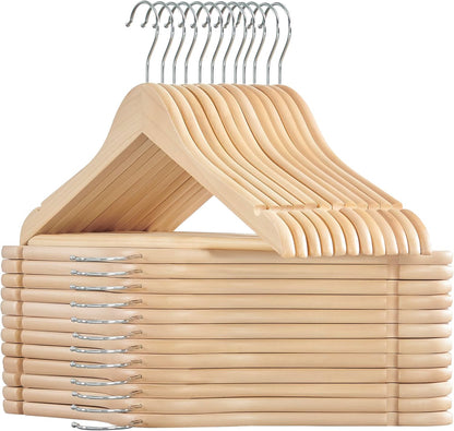 Wooden Hangers, Pack of 24, Coat Hangers, Non-Slip, Pants Bar, 360° Swivel Hooks, for Jackets, Shirts, Coats, Natural Wood UCRW010N24
