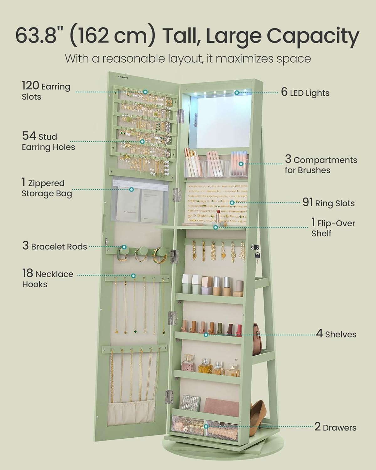 6 Leds Lockable Mirror Jewelry Cabinet, 360° Swivel Jewelry Organizer Armoire Standing, Frameless Full-Length Mirror, 3 Storage Shelves, Laurel Green Surface, Cream White Lining UJJC007C01