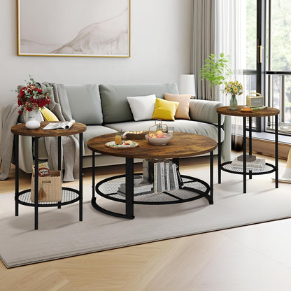 round Coffee Table and End Table Set of 3 with Storage, Modern Vintage Dark Brown Coffee Table and Side Table for Living Room, Office, Apartment, Small Space