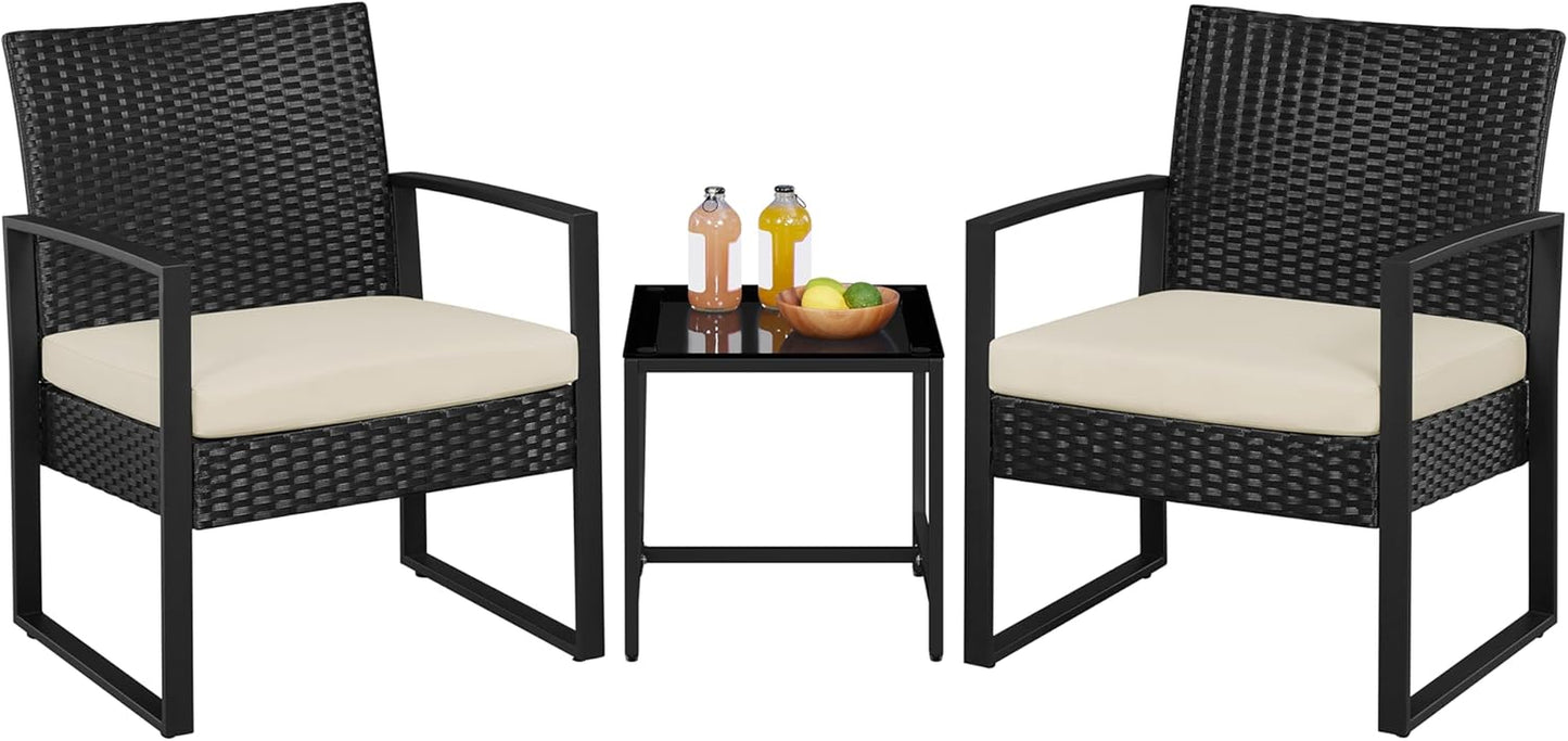 3 Pieces Rattan Bistro Set, Outdoor Wicker Patio Modern Conversation Furniture, 2 Chairs & Tempered Glass Coffee Table for Garden, Balcony, Backyard, Poolside, Black/Beige