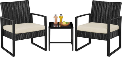 3 Pieces Rattan Bistro Set, Outdoor Wicker Patio Modern Conversation Furniture, 2 Chairs & Tempered Glass Coffee Table for Garden, Balcony, Backyard, Poolside, Black/Beige