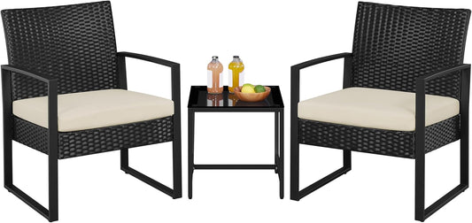 3 Pieces Rattan Bistro Set, Outdoor Wicker Patio Modern Conversation Furniture, 2 Chairs & Tempered Glass Coffee Table for Garden, Balcony, Backyard, Poolside, Black/Beige
