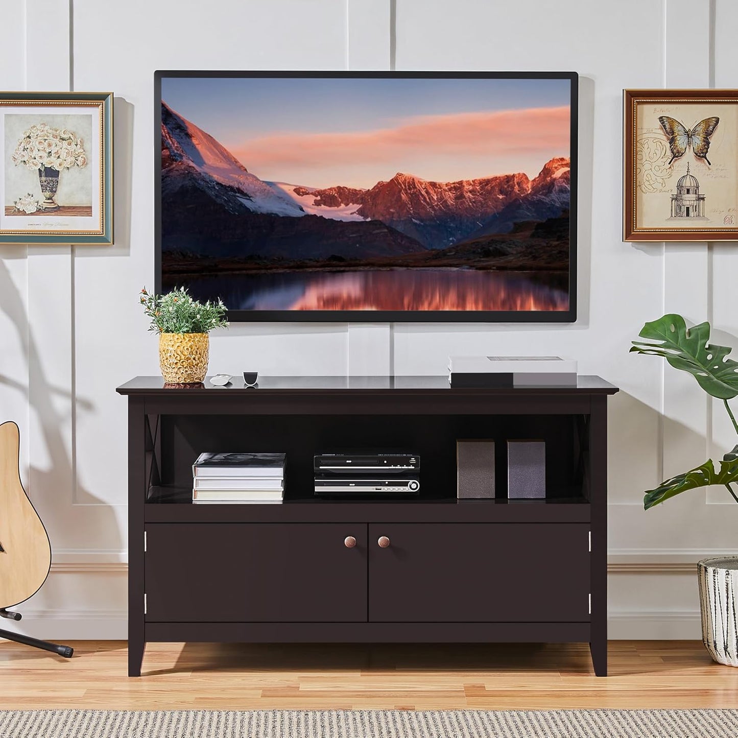 Wooden TV Stand for Tvs up to 48 Inch, Media Entertainment Center Table, TV Cabinet Table with Storage Open Shelf & 2 Doors for Living Room, Espresso