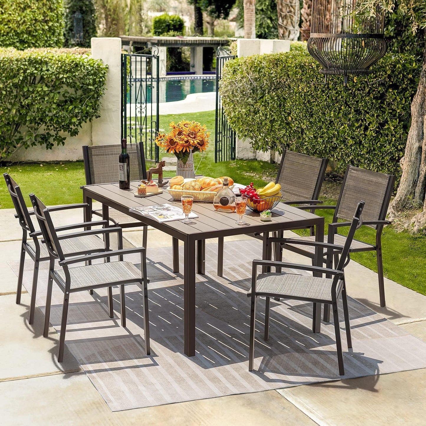 Patio Dining Set 7 Pieces Outdoor Furniture with Large Table and 6 Textilene Chairs for Porch, Poolside, Yard and Garden, Brown