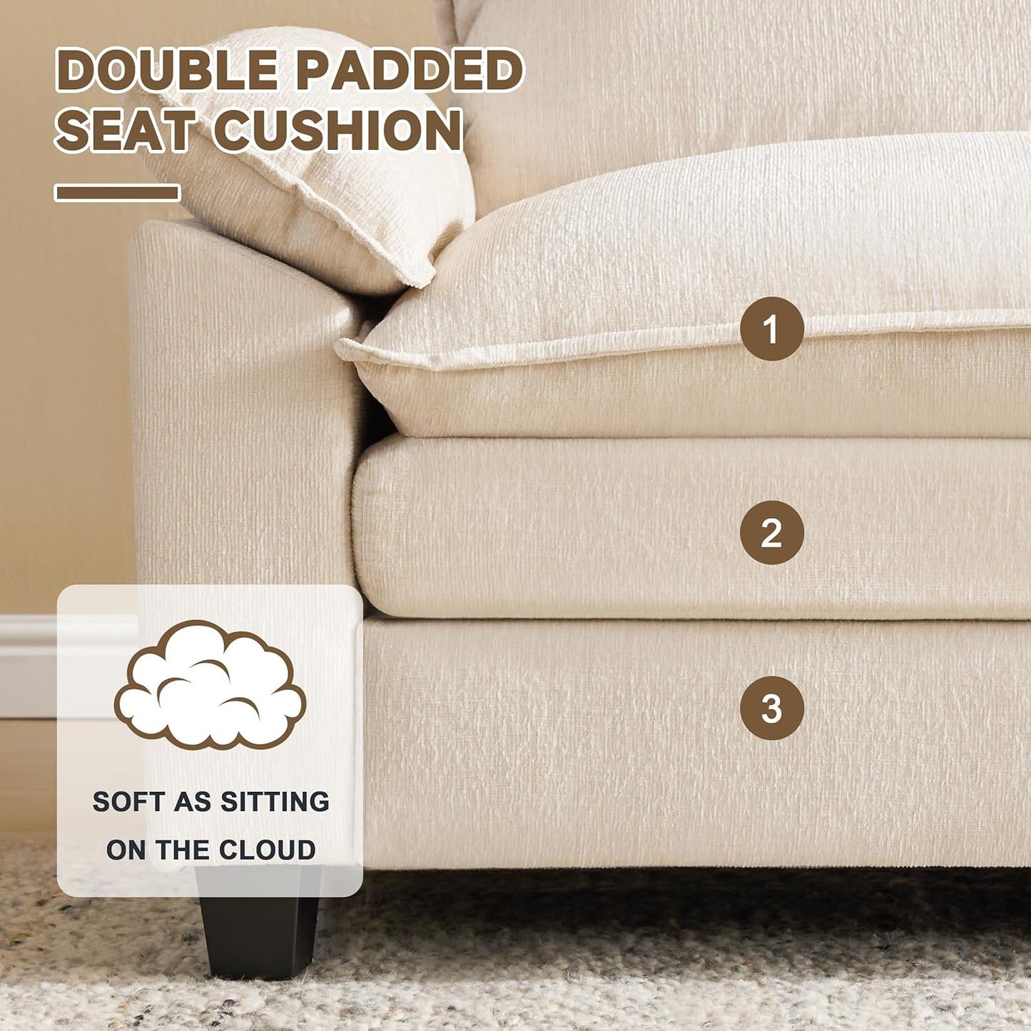 114 Inch Modular Couch Sectionals with Ottoman, Big Comfy Cloud Couches, L Shaped 4 Seat Modular Sectional Sofa, Modern Cloud Sectional Couches for Living Room, Deep Seat Sofa, Beige