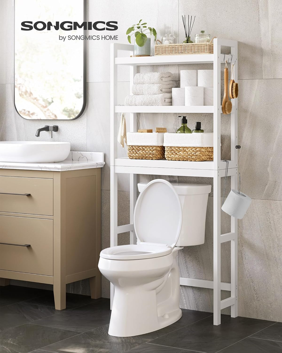 over the Toilet Storage, 3-Tier over Toilet Bathroom Organizer with Adjustable Shelf, 10.2 X 24.8 X 66.9 Inches, Space-Saving, Cloud White UBTS01WT