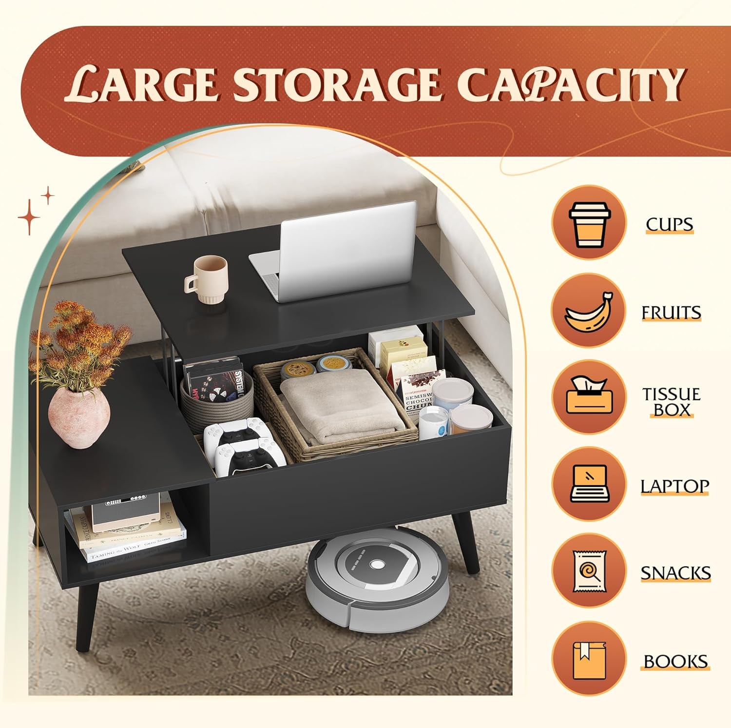 Coffee Table for Living Room, Lift Top Coffee Table with Storage, Small Rising Wooden Dining Center Table with Storage Shelf & Hidden Compartment, 39" Black