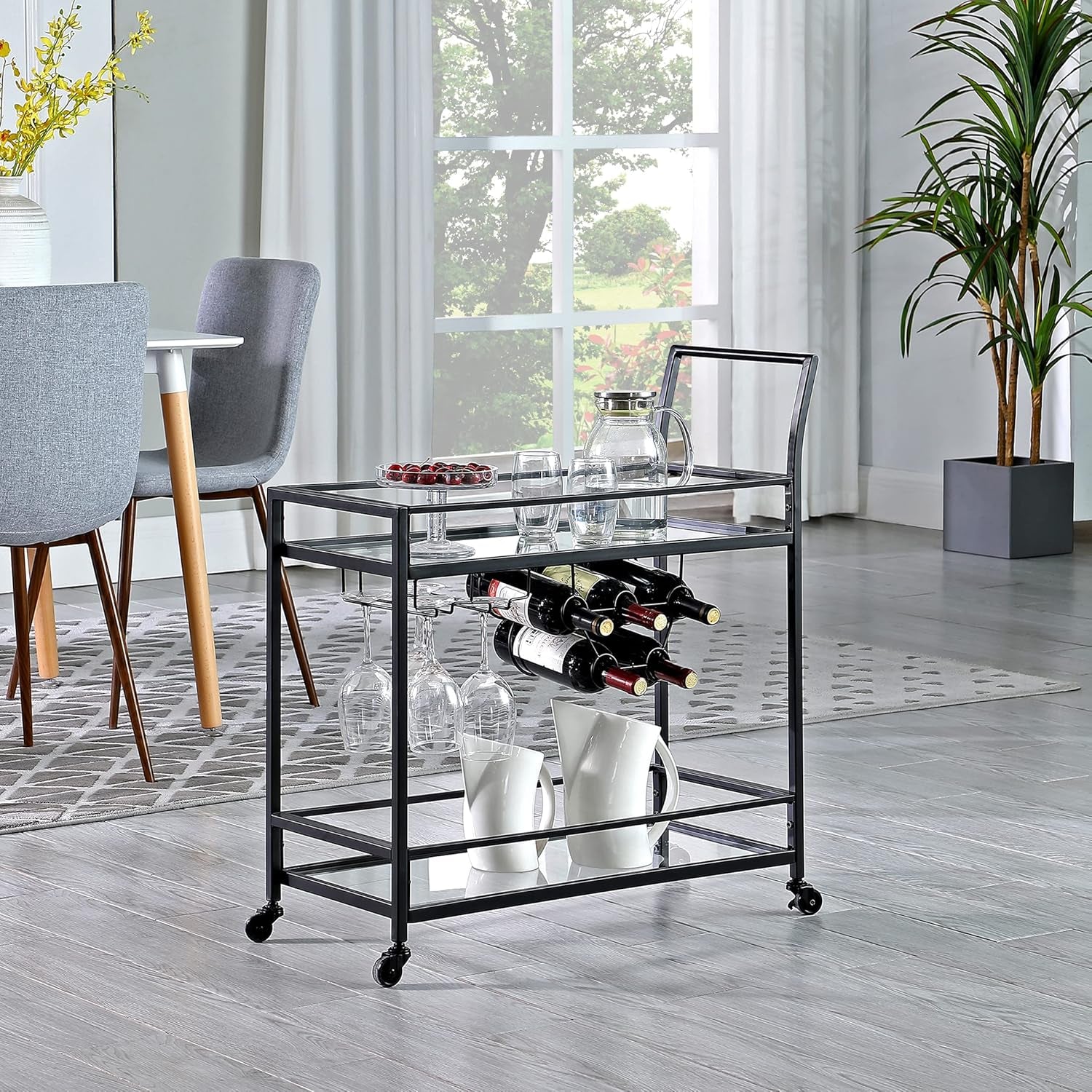 & Co. Black Francesca Bar Cart, 2 Tier Mobile Mini Bar, Kitchen Serving Cart and Coffee Station with Storage for Wine and Glasses, Metal and Glass, Modern