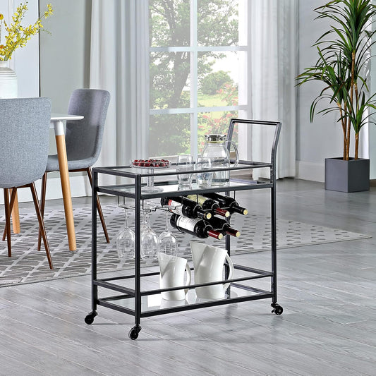 & Co. Black Francesca Bar Cart, 2 Tier Mobile Mini Bar, Kitchen Serving Cart and Coffee Station with Storage for Wine and Glasses, Metal and Glass, Modern