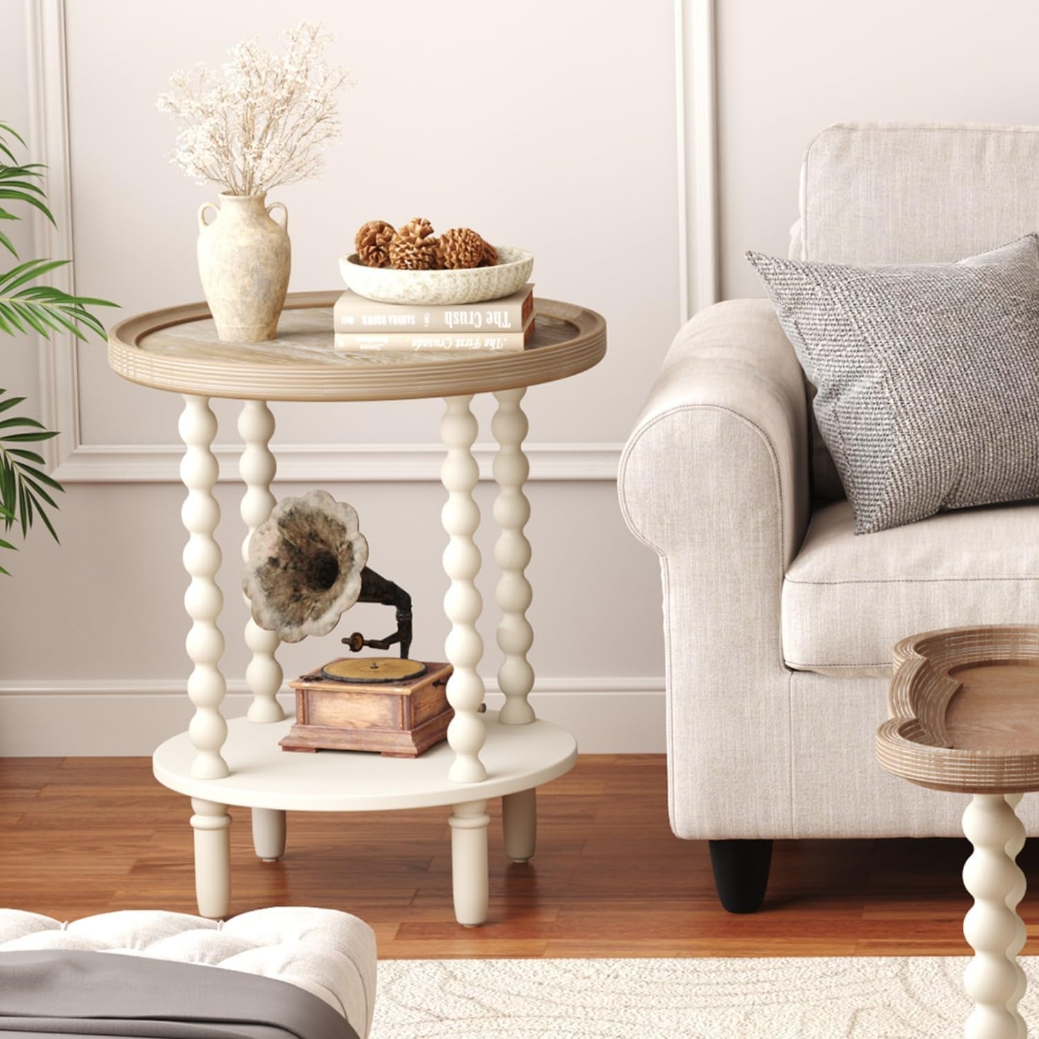 round End Table, Rustic Farmhouse Side Table with Storage Shelf, 2-Tier French Country Nightstand for Living Room Bedroom Small Space, Natural Tray Top and Vintage White Spindle Legs