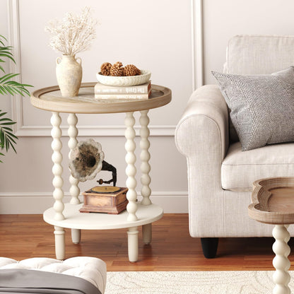 round End Table, Rustic Farmhouse Side Table with Storage Shelf, 2-Tier French Country Nightstand for Living Room Bedroom Small Space, Natural Tray Top and Vintage White Spindle Legs