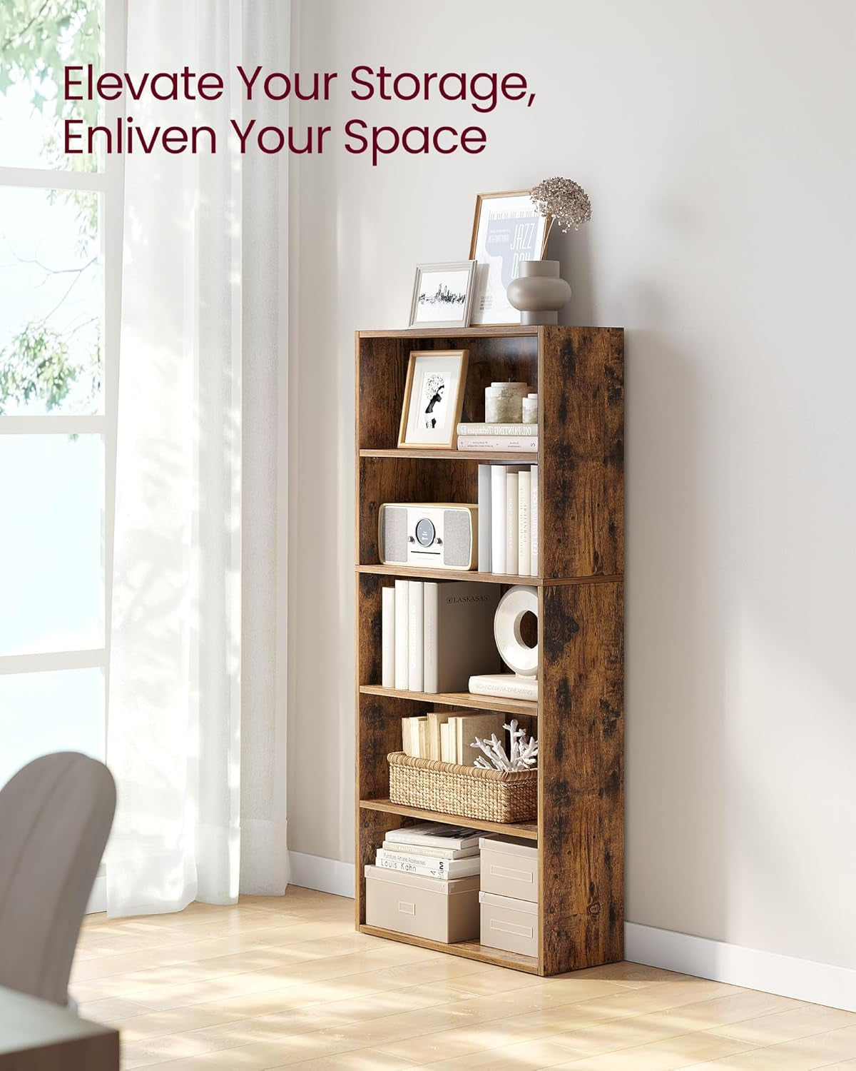 CUSTOS Collection - Bookshelf, 5-Tier Bookcase, Book Shelf, Open Storage Shelf, 9.4 X 23.6 X 52.8 Inches, for Living Room, Home Office, Dinning Room, Rustic Brown ULBC165X01