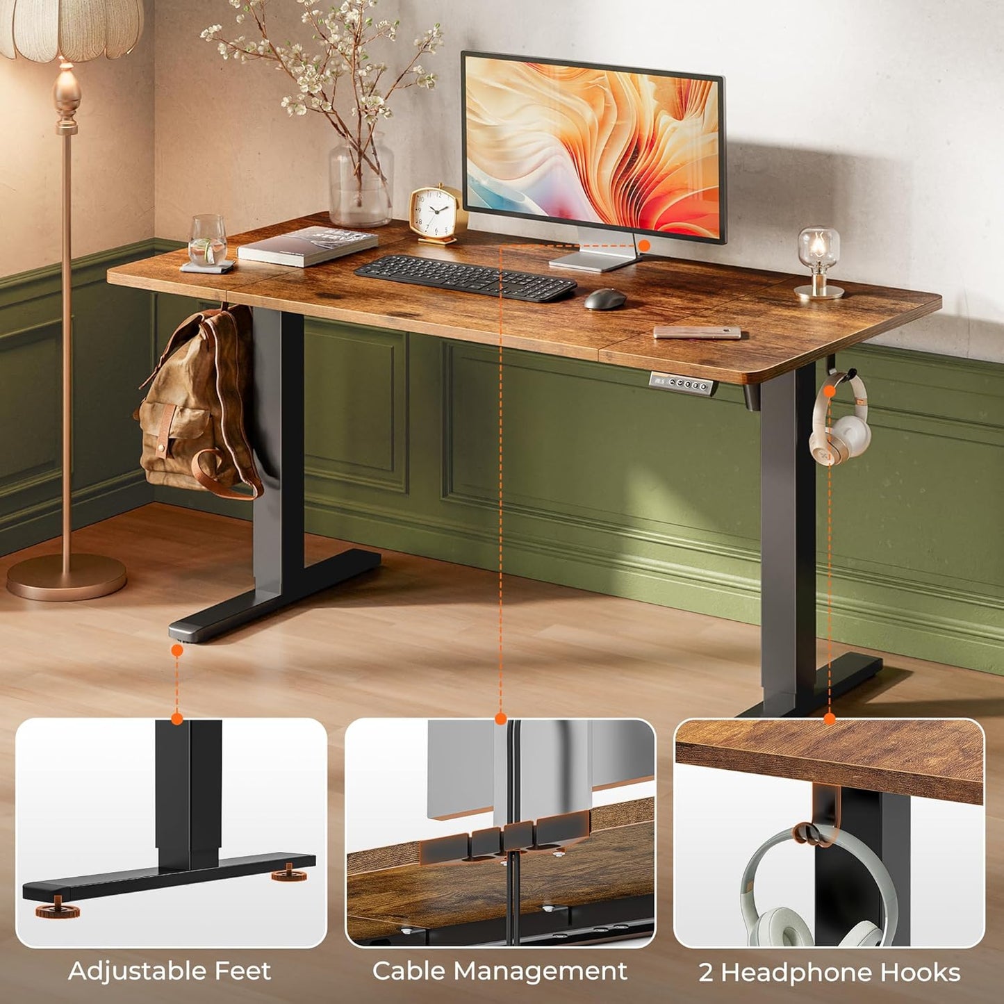55 X 28 Large Electric Standing Desk, Height Adjustable Computer Desk, 27.6" Deep Desktop, Stand up Gaming Office Desk with 2 Hooks, 3 Preset Heights, for Home Office, Rustic Brown