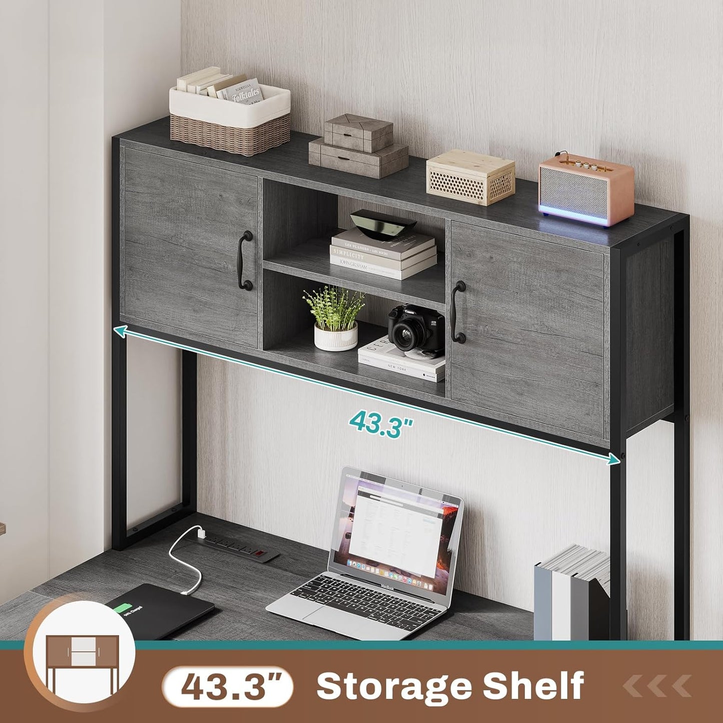 L Shaped Gaming Desk, Reversible Computer Desk with Fabric Drawers and Power Outlet, Gaming Desk with Led Lights, Hutch and Storage Shelf for Home Office, Grey