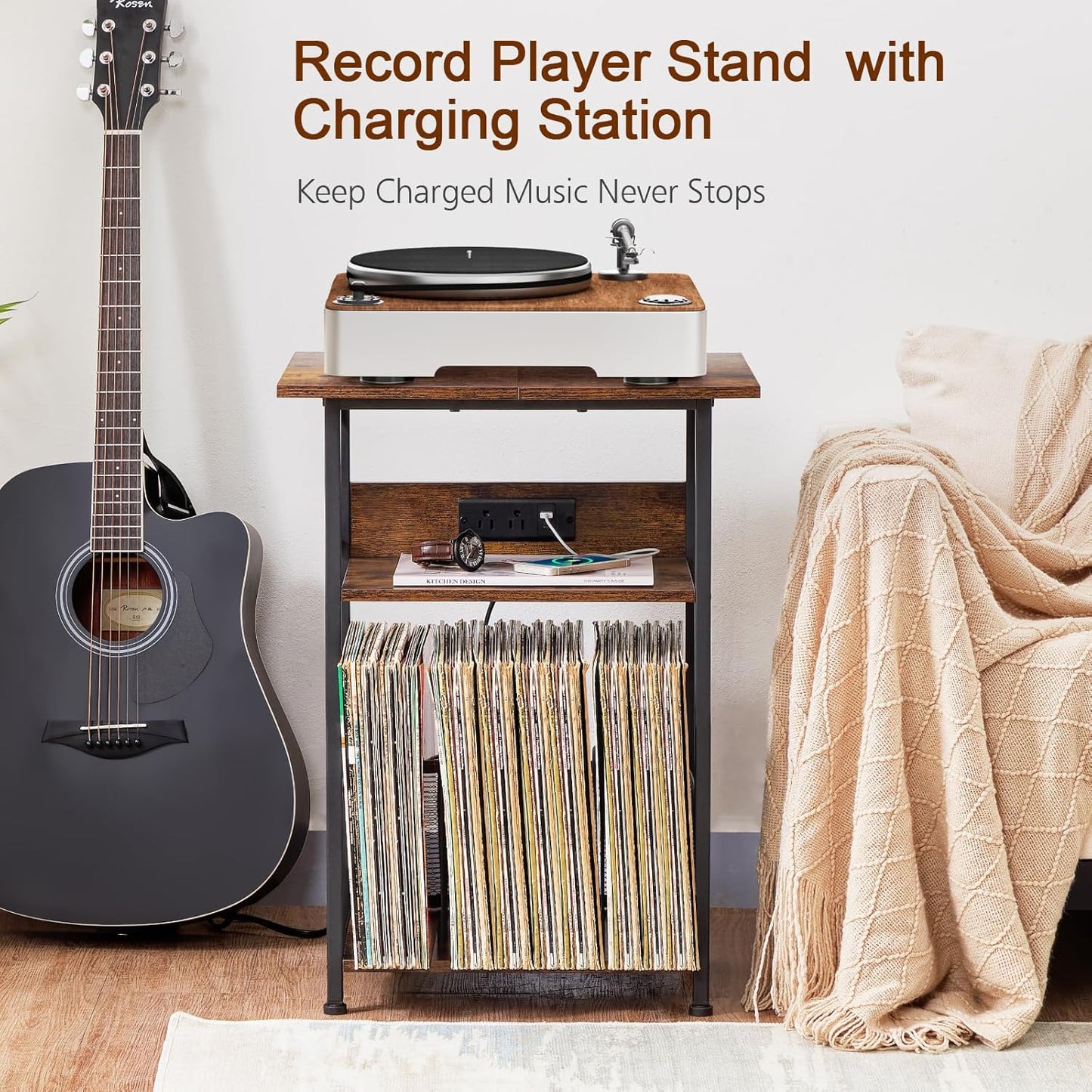 Record Player Stand with Charging Station, Large Turntable Stand with Storage Cabinet, 3 Tier End Table Hold up to 100 Albums, Record Stand for Vinyl, Living Room, Brown, HETCD012BR-1