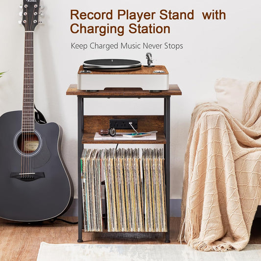 Record Player Stand with Charging Station, Large Turntable Stand with Storage Cabinet, 3 Tier End Table Hold up to 100 Albums, Record Stand for Vinyl, Living Room, Brown, HETCD012BR-1