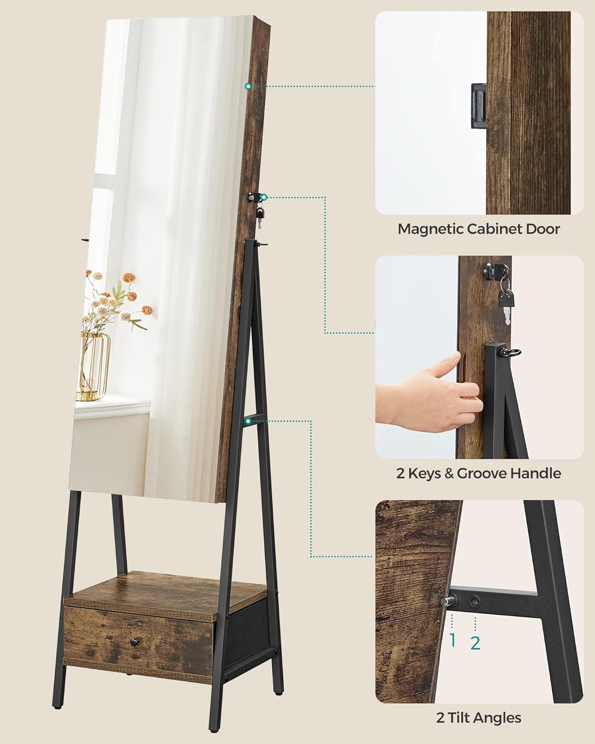 LED Cabinet Standing, Lockable Jewelry Armoire with Full-Length Mirror, Space-Saving Jewelry Organizer with Mirror, Bottom Drawer and Shelf, Gift Idea, Rustic Brown UJJC025X01